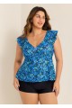 Blue Floral Print V Neck Ruffle Sleeve Plus Size Tankini Top