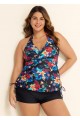 Tropical Floral Cross Front With Side Drawstring Tankini Set