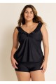 Black V Neck Plus Size Modest Ruffle Drawstring Tankini Swimsuit Top