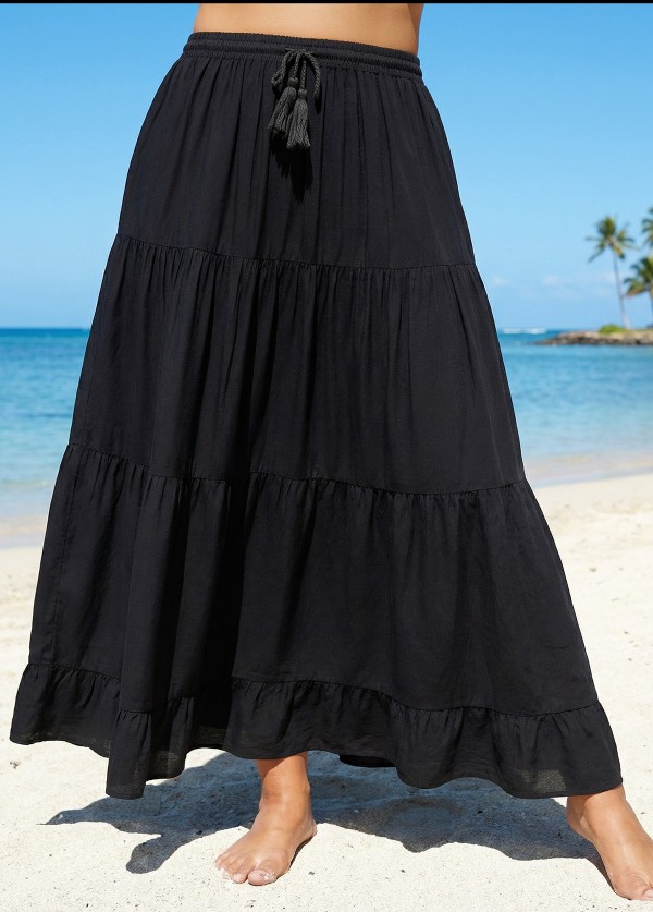 Curvy Black Drawstring Casual Beach Cover Up Dress