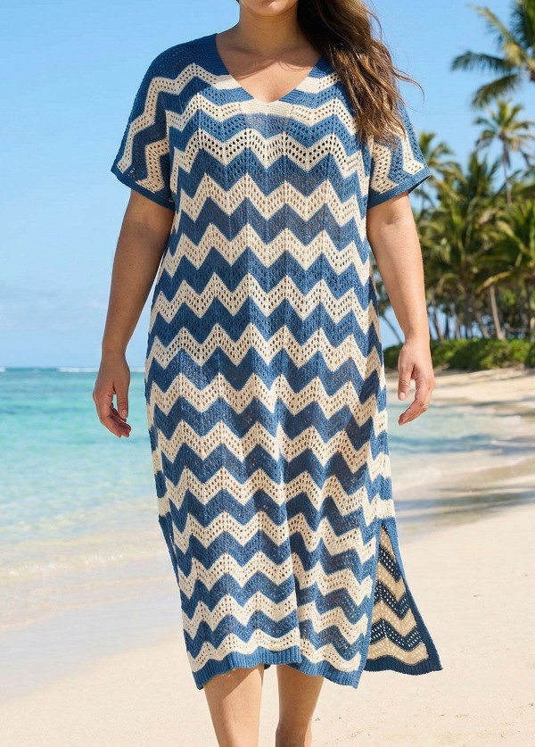 Blue And White Geometric Slit Hem Cutout Swimsuit Cover Up