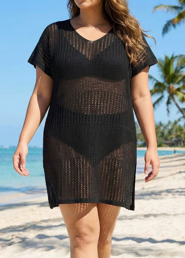Black Plus Size Simple Side Slit Cover Up