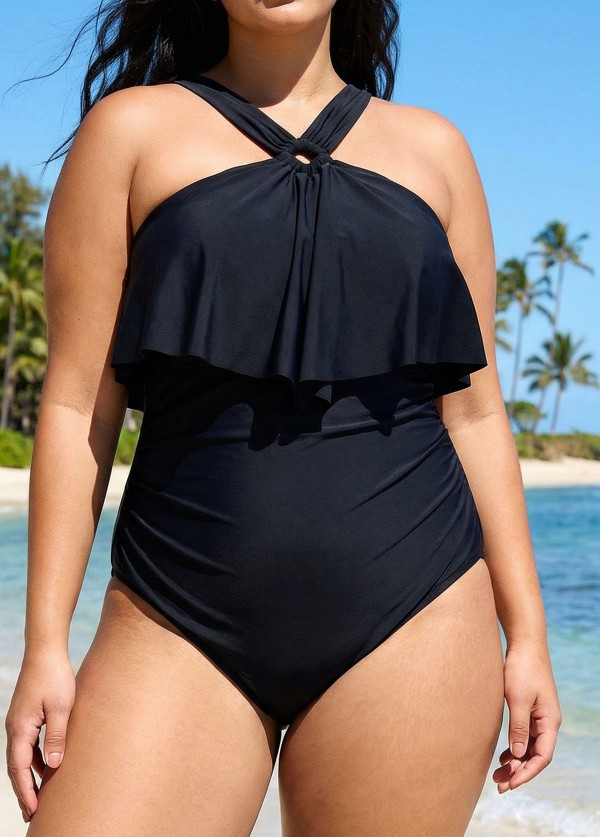 Black Square Cut Hardware One Piece Swimsuit