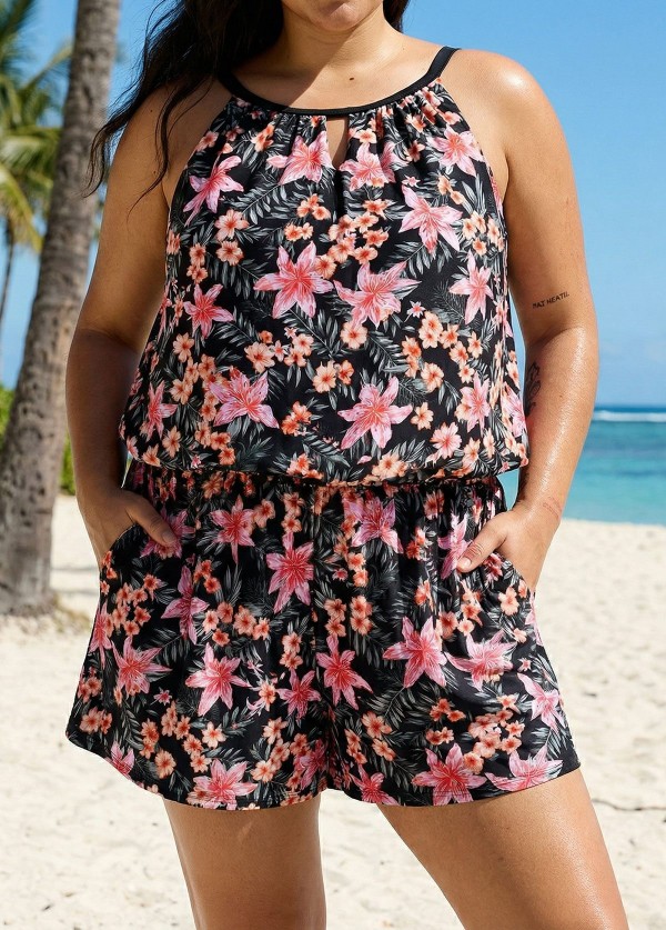 Black Pink Floral Print High Neck Vintage Pocket Plus Size Swimsuit One Piece Swim Romper