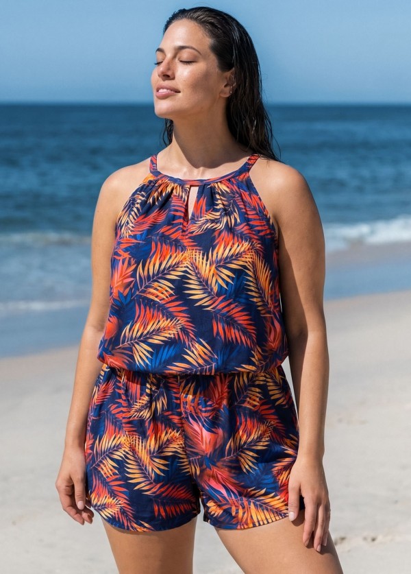 Plus Size Blue Tropical Palm Leaf High Neck Vintage Pocket Women's Swimsuit One Piece Swim Romper