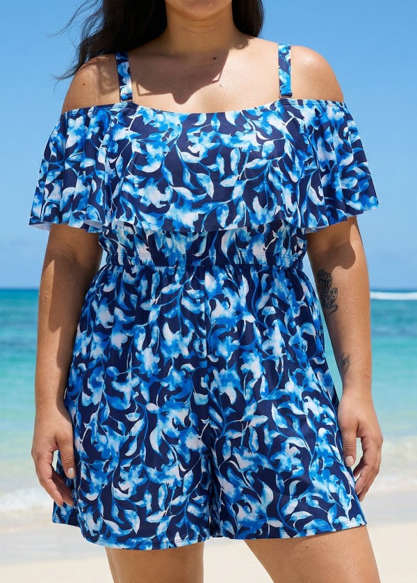 Blue Floral Print Vintage Off Shoulder Ruffled Plus Size Swimsuit One Piece Swim Romper