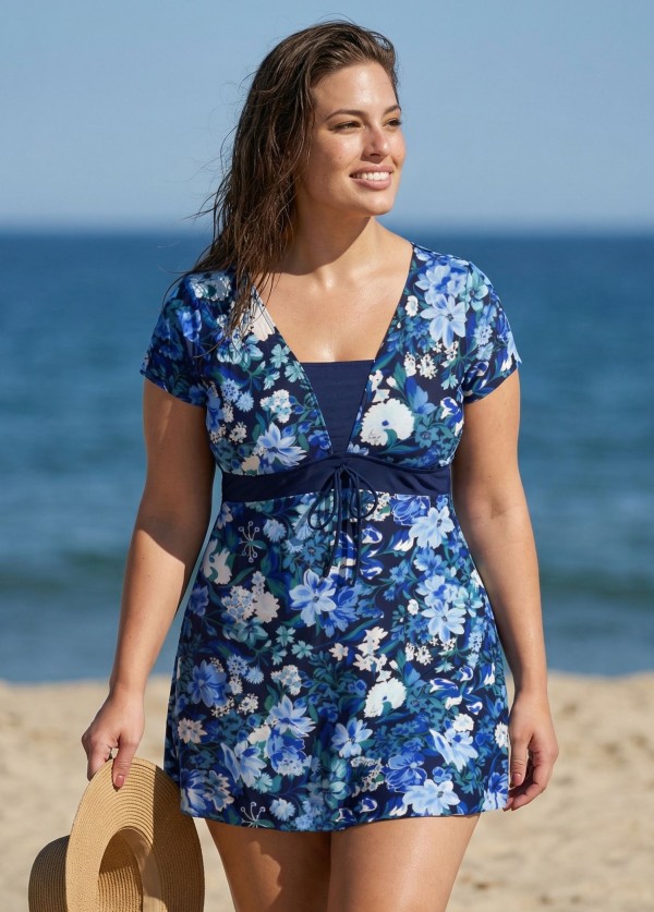 Curvy Navy Floral Upf50+ Short Sleeves Modest Padded Women's Swimsuit Swimdress Top