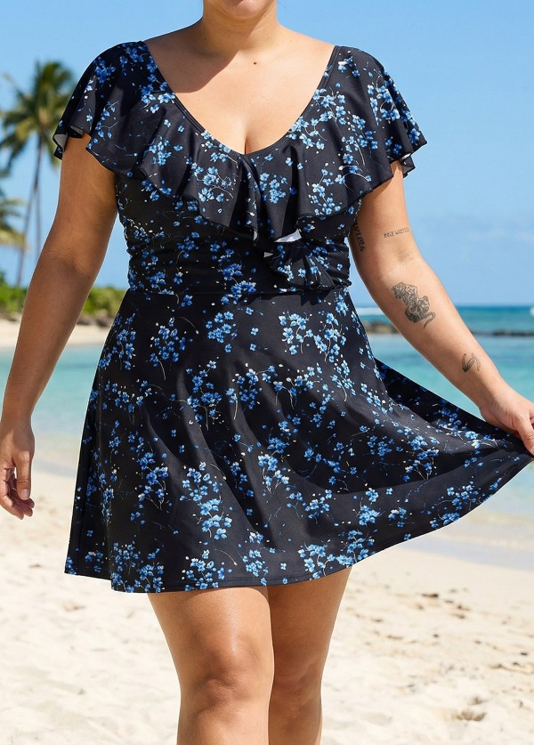 Blue Floral Print V Neck Cap Sleeves Flattering Ruffles Curvy Swimsuit Swimdress Set