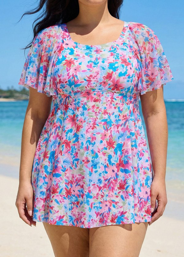 Curvy Pink Floral Square Neck Mesh Short Sleeves Vintage Ruffle Swimsuit Swimdress Set