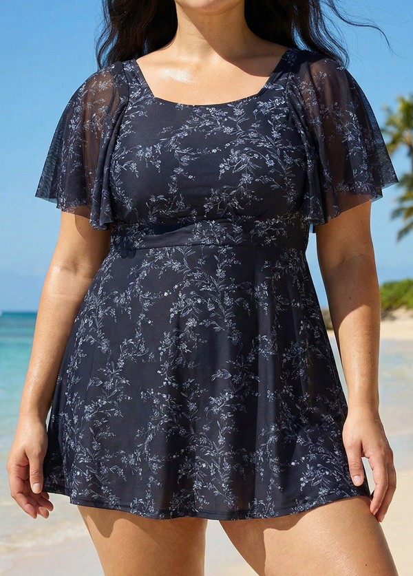 Black Floral Square Neck Mesh Short Sleeves Modest Ruffle Plus Size Swimsuit Swimdress Set