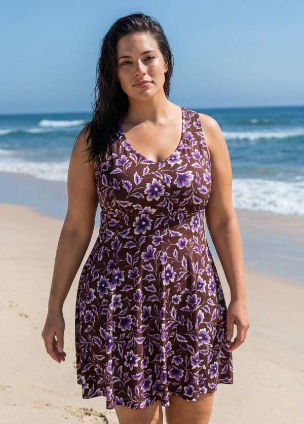 Purple Floral Scoop Neck Modest Cross Back Curvy Women's Swimsuit Swimdress Set