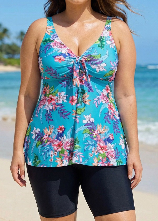 Blue Floral Modest And Designer Curvy Swimwear Bathing Suits Tankini Top
