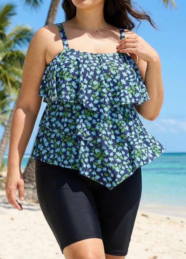 Blue Green Floral Vintage Layered Ruffles Curvy Women's Swimsuit Tankini Top
