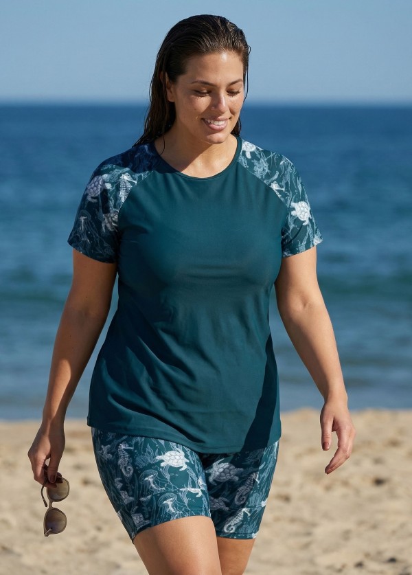 Green Marine Life Print High Neck Upf50+ Short Sleeves Curvy Swimsuit Shirt Two Piece Tankini Set