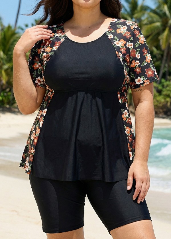 Black Floral Print Upf50+ Short Sleeves Vintage Plus Size Swimsuit Tankini Top