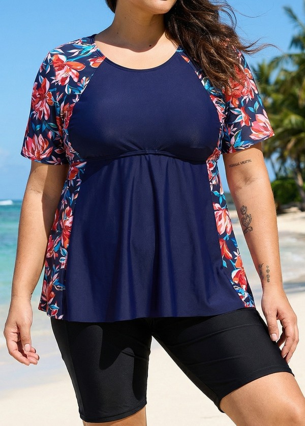 Curvy Red Floral Scoop Neck Upf50+ Short Sleeves Modest Women's Swimsuit Shirt Tankini Top