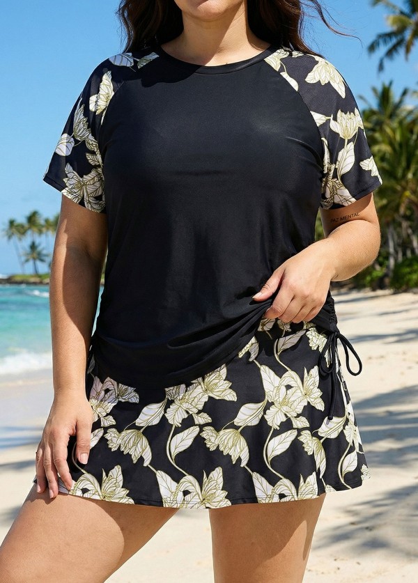 Curvy Black Leaf Upf50+ Short Sleeves Padded Side Drawstring Women's Swimsuit Tankini Top