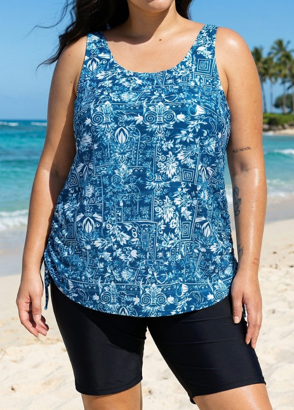 Navy Blue Floral Scoop Neck Vintage Drawstring Plus Size Women's Swimsuit Tankini Top