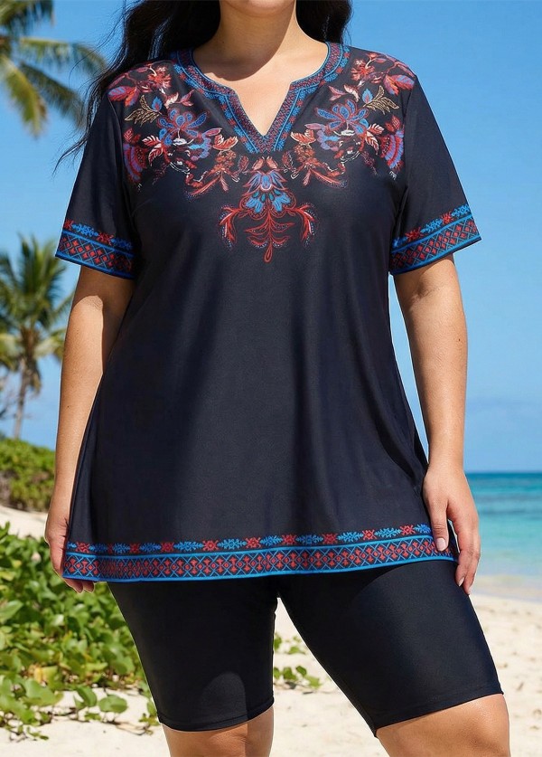 Plus Size Purple V Neck Upf50+ Short Sleeves Modest Padded Swimsuit Long Tankini Top