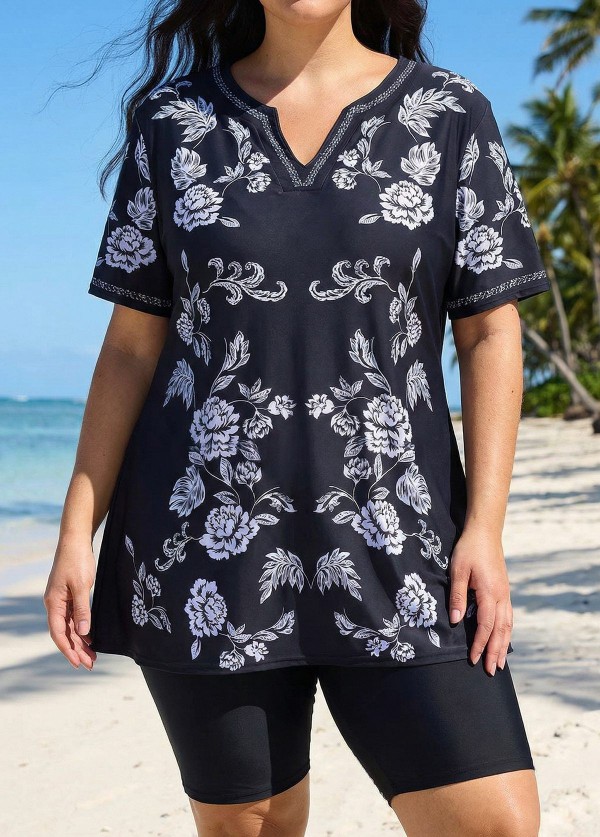 Black Floral V Neck Loose Short Plus Size Swimsuit Tankini Top