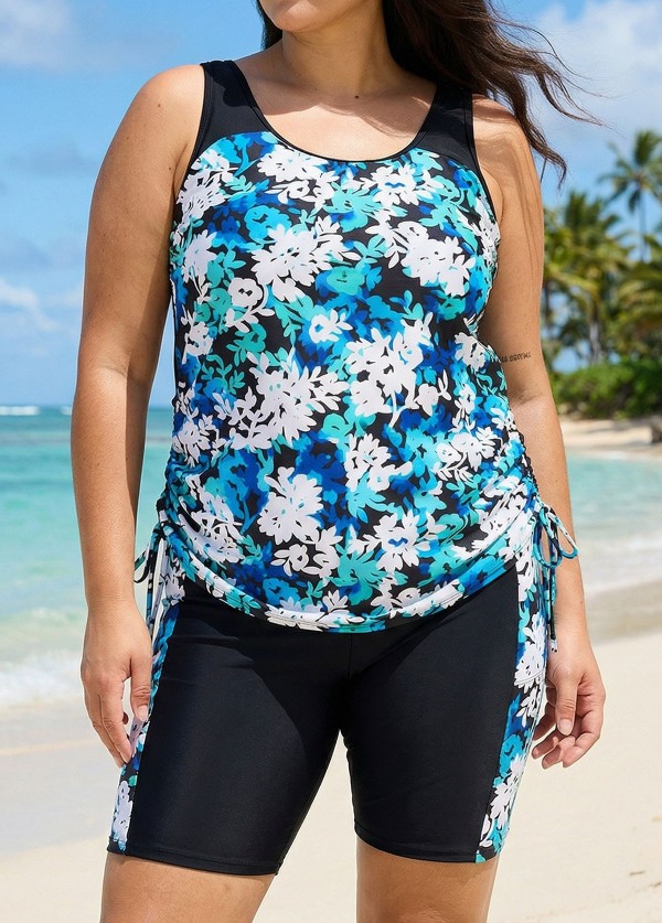 Curvy Blue Floral Scoop Neck Flattering Side Drawstring Women's Swimsuit Two Piece Tankini Set