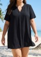 Plus Size Black Short Sleeves Gauze V Neck Beach Cover Ups Dress