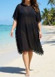 Plus Size Black Tassel Short Sleeve Swimsuit Cover Up Dress