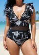 Black And White Floral Print Ruffle V-Neck Mesh One Piece Swimsuit