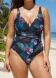 Black Floral Print V Neck Waist Detail One Piece Swimsuit