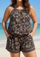Plus Size Black Print High Neck Hollow With Pocket One Piece Swimsuit Swim Romper