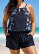 Black Floral Keyhole Neck Flattering Pocket Curvy Women's Swimsuit One Piece Swim Romper