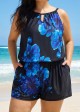 Blue Floral High Neck Flattering Pocket Plus Size Women's Swimsuit One Piece Swim Romper