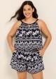 Black White Tropical Print High Neck Modest Pocket Plus Size Swimsuit One Piece Swim Romper
