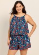 Blue Red Floral Keyhole Neck Vintage Pocket Curvy Women's Swimsuit One Piece Swim Romper
