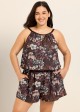 Plus Size Brown Floral High Neck Flattering Pocket Women's Swimsuit One Piece Swim Romper