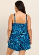 Curvy Blue Leaf Keyhole Neck Modest Pocket Women's Swimsuit One Piece Swim Romper