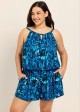 Curvy Blue Leaf Keyhole Neck Modest Pocket Women's Swimsuit One Piece Swim Romper