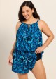 Curvy Blue Leaf Keyhole Neck Modest Pocket Women's Swimsuit One Piece Swim Romper