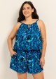 Curvy Blue Leaf Keyhole Neck Modest Pocket Women's Swimsuit One Piece Swim Romper