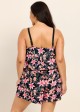 Black Pink Floral Print High Neck Vintage Pocket Plus Size Swimsuit One Piece Swim Romper