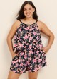 Black Pink Floral Print High Neck Vintage Pocket Plus Size Swimsuit One Piece Swim Romper