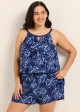 Navy Floral Keyhole Neck Flattering Pocket Curvy Women's Swimsuit One Piece Swim Romper
