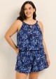 Navy Floral Keyhole Neck Flattering Pocket Curvy Women's Swimsuit One Piece Swim Romper
