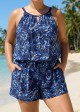 Navy Floral Keyhole Neck Flattering Pocket Curvy Women's Swimsuit One Piece Swim Romper