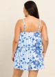Plus Size White Blue Floral Stripe High Neck Modest Pocket Swimsuit One Piece Swim Romper