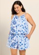 Plus Size White Blue Floral Stripe High Neck Modest Pocket Swimsuit One Piece Swim Romper