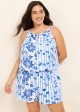 Plus Size White Blue Floral Stripe High Neck Modest Pocket Swimsuit One Piece Swim Romper