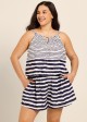Curvy Navy Cream Ethnic Striped Keyhole Neck Vintage Pocket Women's Swimsuit One Piece Swim Romper