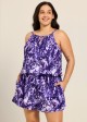 Purple Leaf High Neck Flattering Pocket Plus Size Women's Swimsuit One Piece Swim Romper