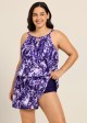 Purple Leaf High Neck Flattering Pocket Plus Size Women's Swimsuit One Piece Swim Romper